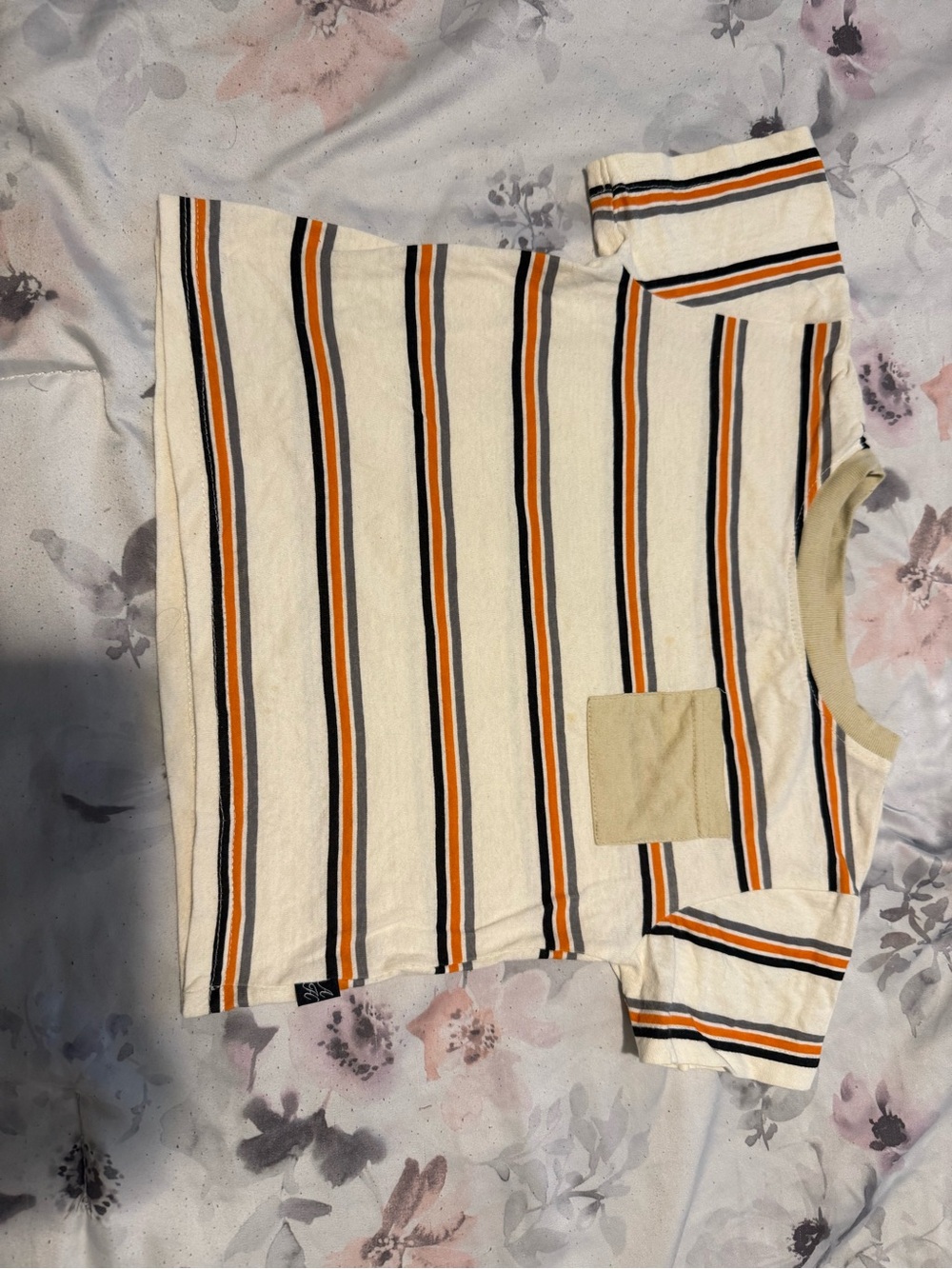 Cream Striped Short Sleeve Tee with Tan Pocket